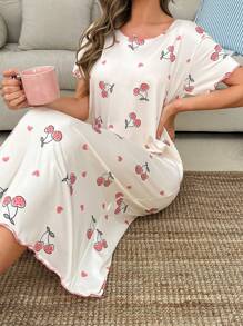 SHEIN Cherry Print Contrast Color Ruffle Hem Short Sleeve Women Nightdress, Moo Moo - Apricot - View 3