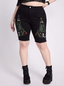 ROMWE EDITION 自然风哥特度假刺绣紧身大码牛仔短裤 - 黑色 - 查看 10