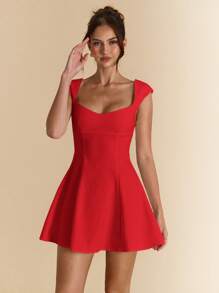 SHEIN BAE White Square Neck Open Back Flowy Dress For Women, Elegant Summer Dresses, Spring/Summer - Red - View 4