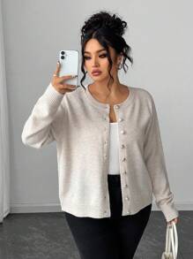 Elenzga Plus Size Casual Solid Color Gold Button Long Sleeve Cardigan Plus Size Cardigans Button Up Cardigan Women Sweaters Grey Cardigan Fall Winter Cloth For Women Autumn