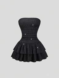 Sweetra Nouvelle robe mini élégante de tous les jours en tissu brillant d'été, avec taille marquée, volants et sans bretelles