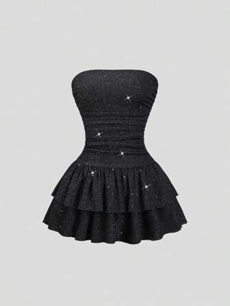 Sweetra New Summer Shiny Fabric Elegant Commuting Everyday Cake Ruffle Strapless Waisted Slim Mini Dress