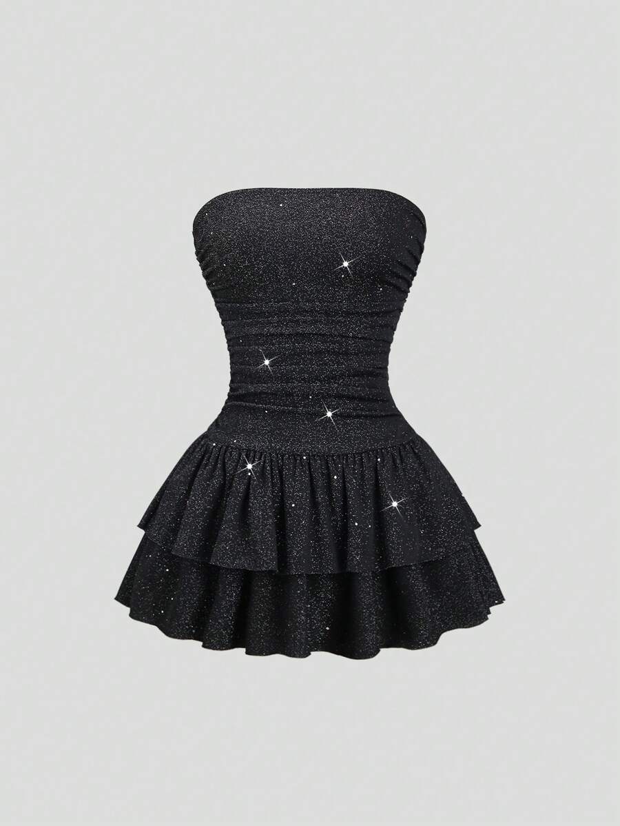 Sweetra 全新夏季闪亮面料优雅通勤日常蛋糕褶边露肩收腰修身迷你连衣裙 - 黑色 - 查看 1