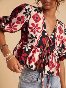 Travachic Women's Red Floral Print Ruffle Cap Sleeve Tie Front Blouse,Boho Summer Vacation Holiday Cute Tops,Casual Fall Shirts For Women - Red and Black - View 7