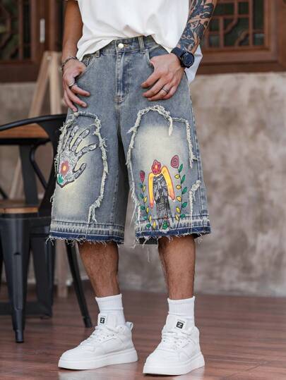 Manfinity ZONE917 Men's Floral Pattern Frayed Pocket Wide Leg Loose Denim Shorts Hang Out Street Tropical College