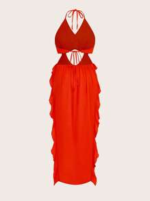 SHEIN SXY Robe orange fendue haute avec volants au dos et à l'encolure ras-du-cou, pour femmes grande taille. Convient pour le début du printemps, le printemps et l'été, la forêt tropicale, les fêtes sur la plage, les vacances au bord de , les soirées autour du feu de camp. Fraîche et légère, coupe slim, confortable à porter, facile à assortir, met la silhouette en valeur.