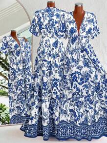 Flirla Vestido acampanado con escote en V fruncido, estampado floral y manga con volantes, para mujer de talla grande. Diseño romántico con estampa de porcelana, adecuado para vacaciones, uso casual, escuela, todas las estaciones.