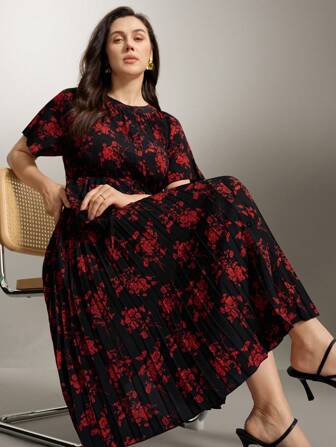 Flouryn Vestido de mujer de talla grande con cuello redondo abotonado, plisado, estampado floral y color block, elegante para vacaciones, primavera/verano