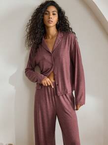 Ocili Leisure Women's Soft Fleece Collar Fluffy Pajama Set, Long Sleeve Top & Long Pants, Floral Gray Holiday Season  Cozy And Elegant Details, Fall Winter Clothes