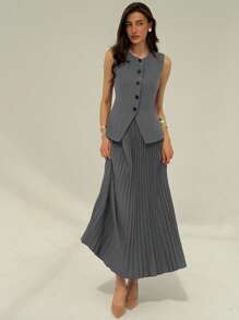 Aloruh Women's Solid Color Single-Breasted Sleeveless Jacket And Pleated Elegant Suit Set In Fall/Winter - Dark Grey - View 3