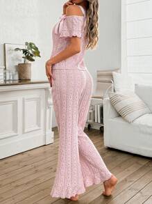 SHEIN 女士休闲不对称肩带蝴蝶结纹理印花短袖家居服套装