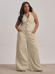 MUSERA 加大码露背深V领纽扣牛仔背心上衣（仅限上衣）毕业季性感可爱优雅假日 - 米色 - 查看 5