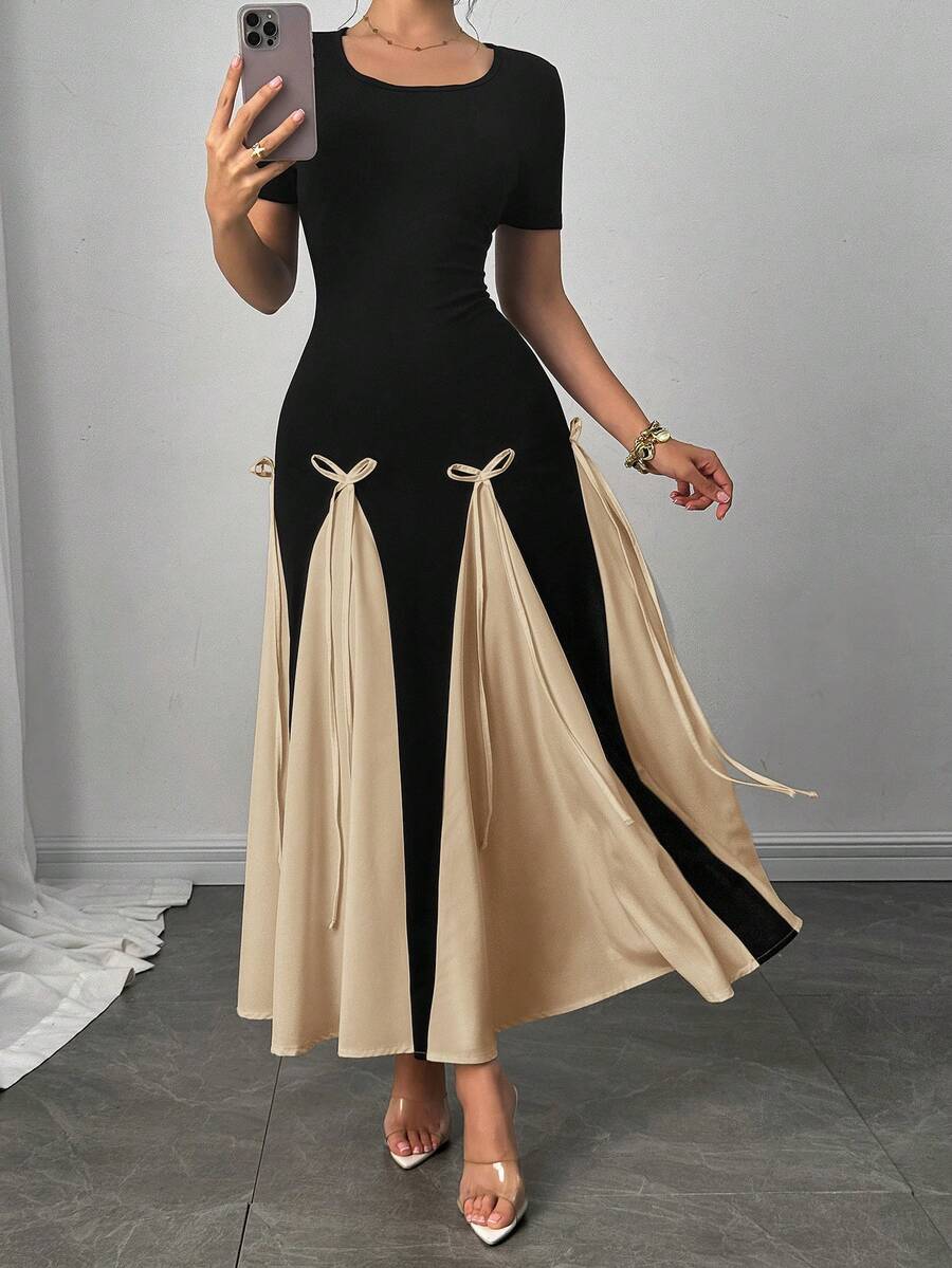 Modelyn Elegant & Romantic Bowknot Design Contrast Panel Long Sleeve Dress For Women, Spring/Summer