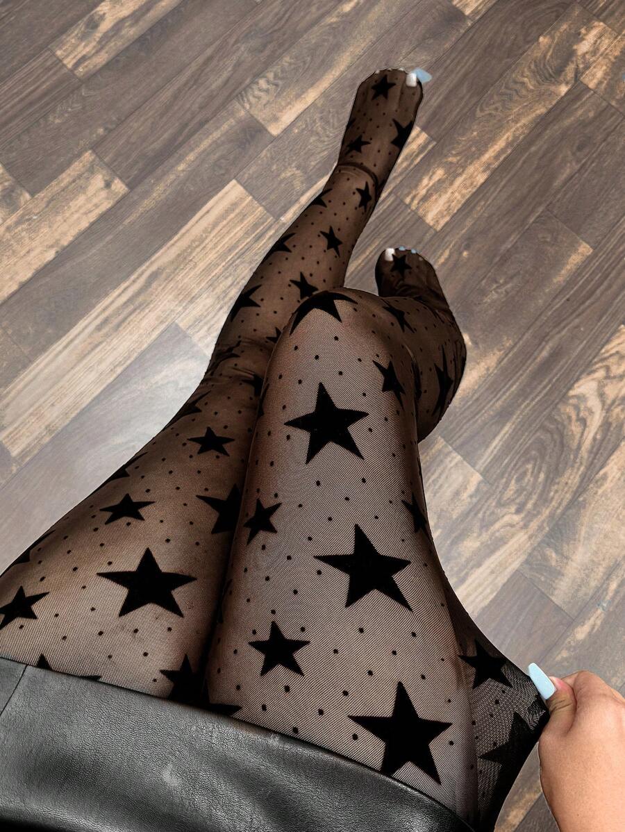 Calvaya Quần tất trong suốt thời trang gợi cảm cỡ lớn có họa tiết ngôi sao và chấm bi cho nữ - màu đen - Xem 1