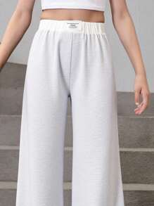 SHEIN Tween Girl Loose Casual Simple Comfy Midrise Colorblock Waistband Wide Leg Pants - Grey - View 6