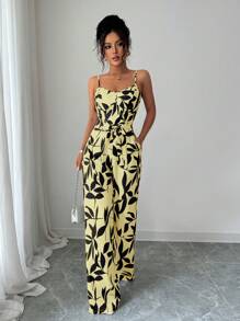 SHEIN Tall 女式休闲花卉印花宽松系带露背连体裤