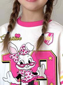 2pcs/Set Young Girl Casual Minimalist School Style Pink Tone, Cute Cartoon Rabbit Number 19 Design, Sweet & Cool Sports Inspired Tank Top & Shorts Set, Suitable For Summer Back To School Or Graduation Season
