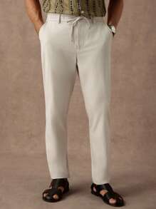 Manfinity Homme Men's Casual Solid Color Drawstring Pocket Pants,White Linen Beige Slacks For Summer,Autumn Off-White Vacation Holiday,Daily Commuting British Style - Apricot - View 5