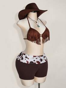 SHEIN ICON Shorts mini súper cortos con cintura plegable de talla grande con estampado de vaca, estilo bohemio nómada, apropiados para el verano