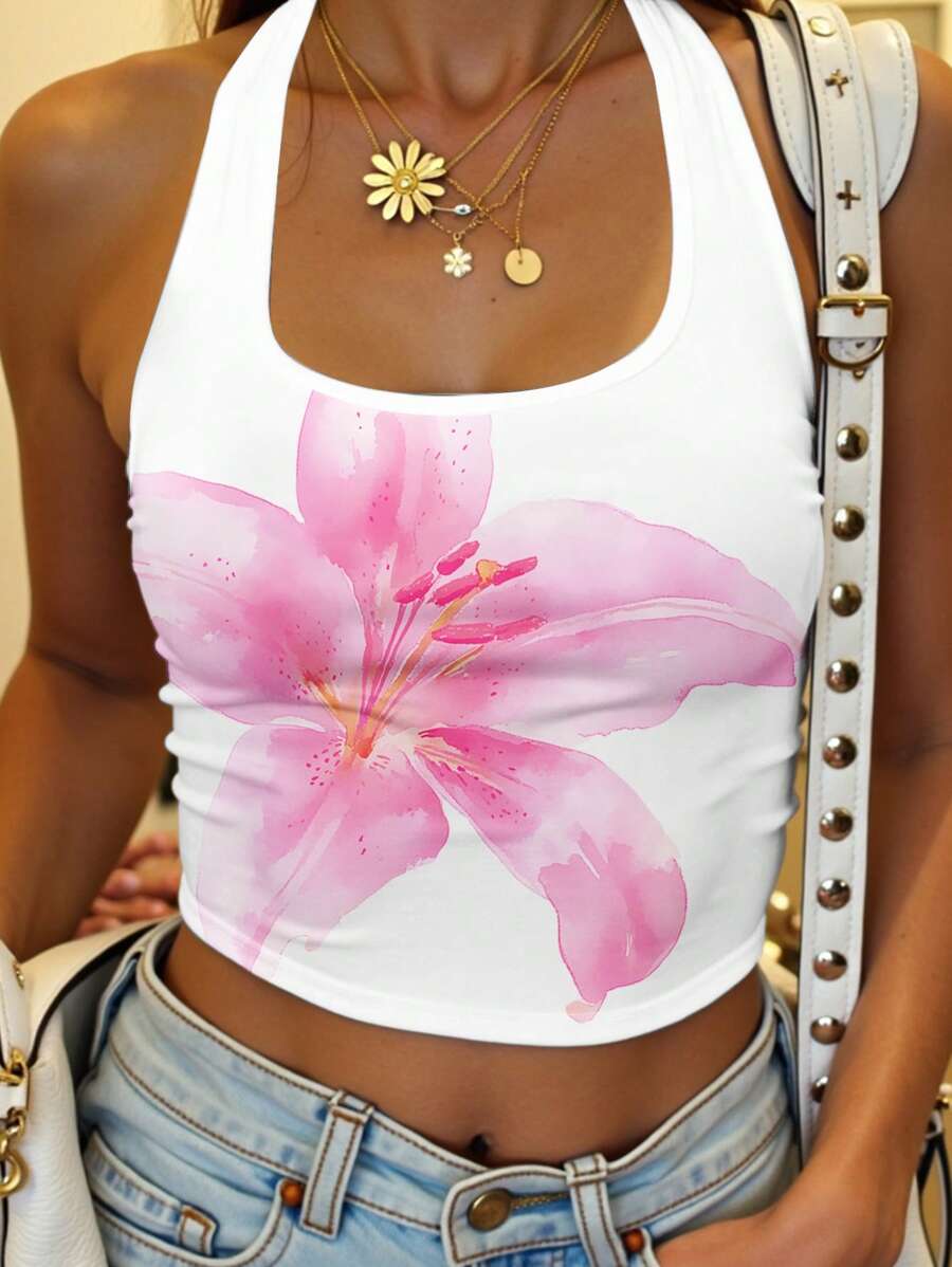 SHEIN EZwear 女士休闲露背修身吊带背心,适合夏季,露背,芙蓉花印花,大花印花 - 彩色 - 查看 1