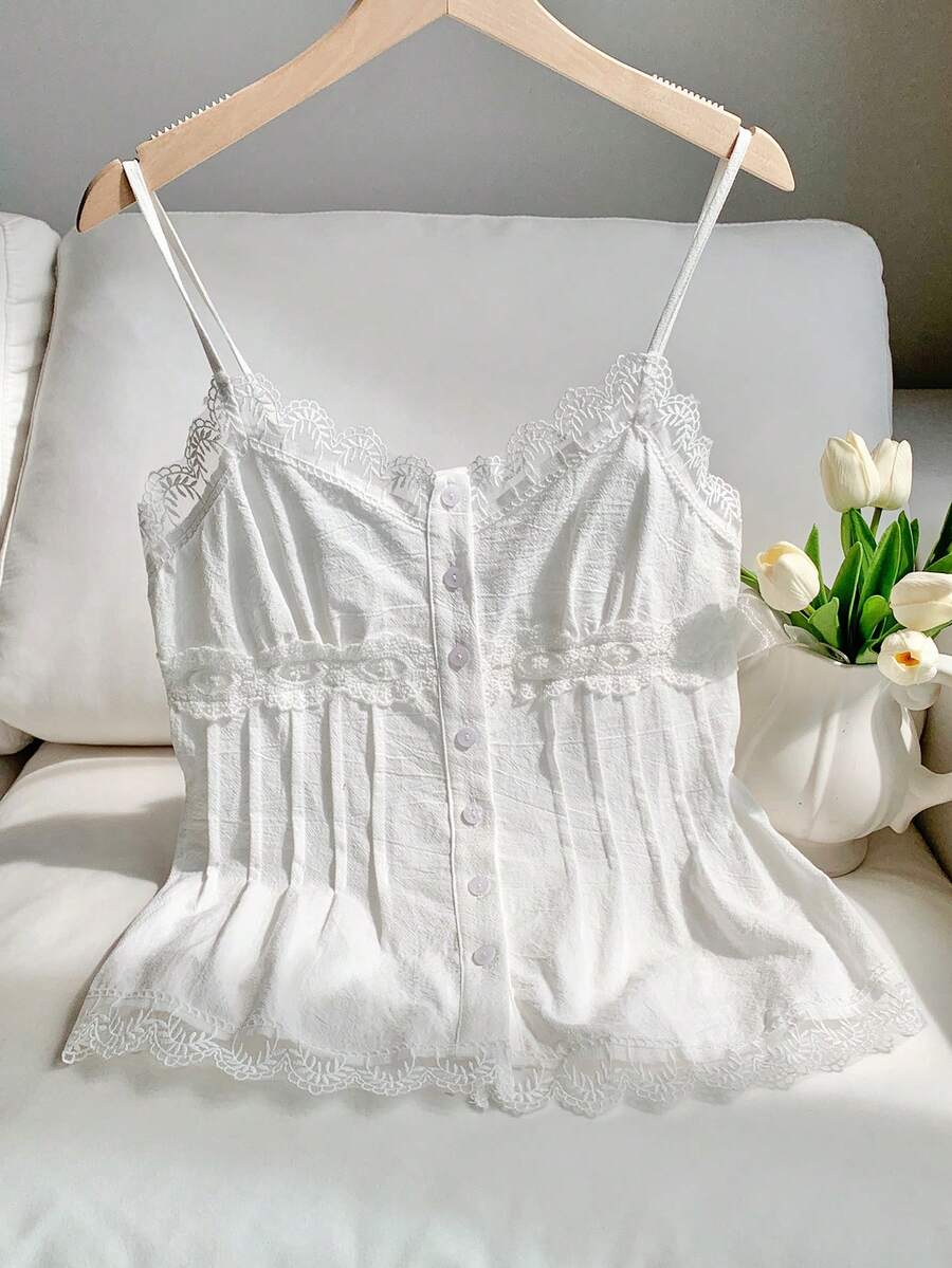 Comfortcana Áo hai dây thiết kế nút ren tương phản thời trang cho nữ - trắng - Xem 1