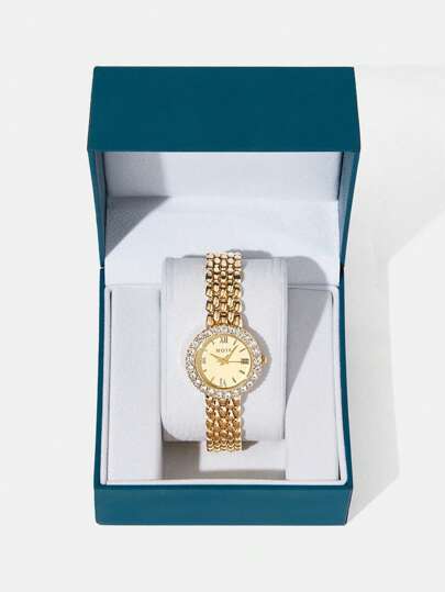 GEMMOVE QUEEN FREEDRA 4セット WOMEN'S SQUARE DIAL QUARTZ WATCH WITH FULL RHINESTONE SILVER