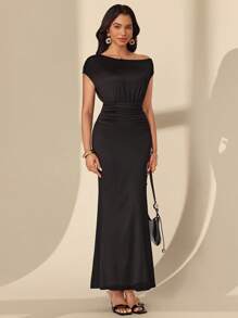 Almamuse Women's Slim Fit Oblique Shoulder Jacquard Weave Dress - Black - View 4