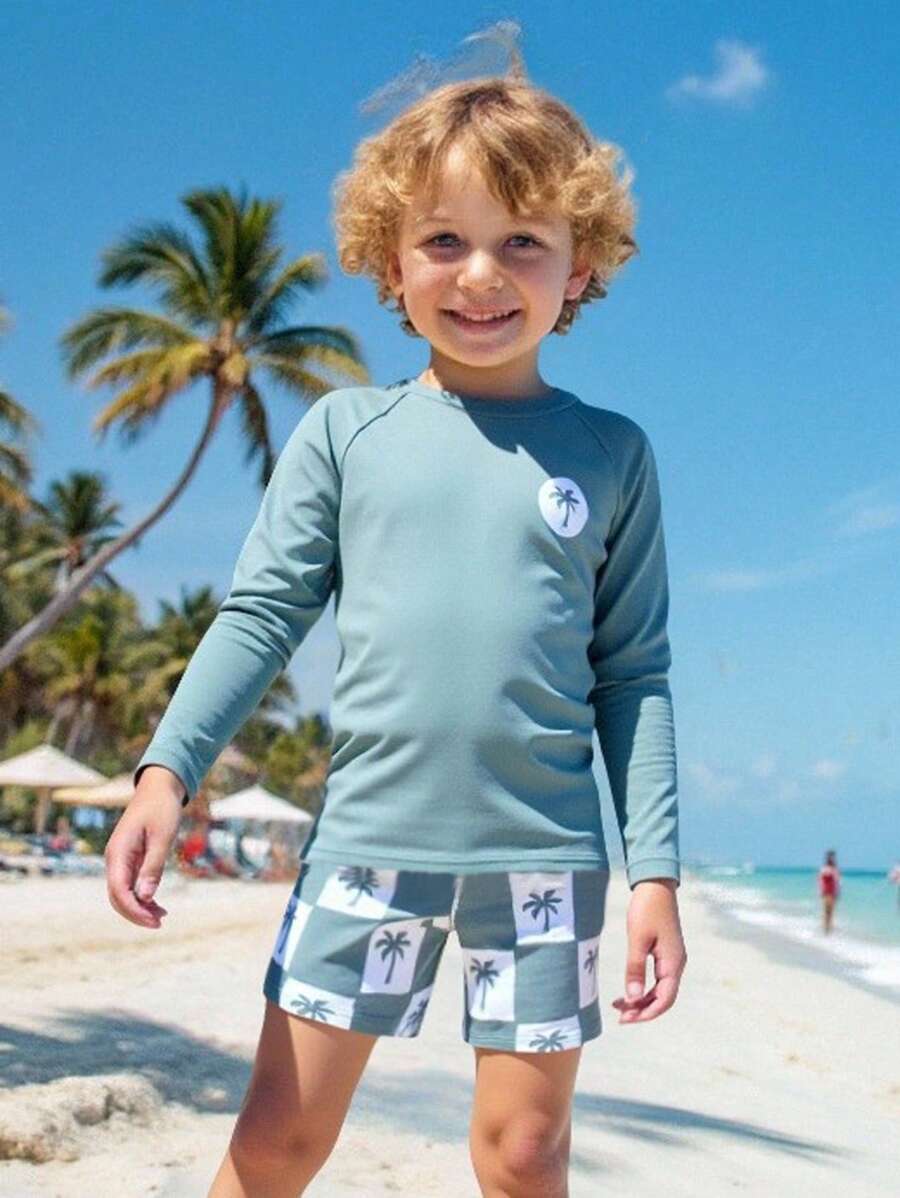 Toddler/Little Boys 2pcs Set Swimsuit, Beach Vacation Swimwear Boys Rash Guard Set Boy Swimsuit Set Long Sleeve Toddler Rash Guard Boys Swim Trunks Boys Beachwear Summer Holiday