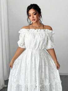 Vionelle Plus Size Elegant Solid Color Off Shoulder Dress - White - View 2