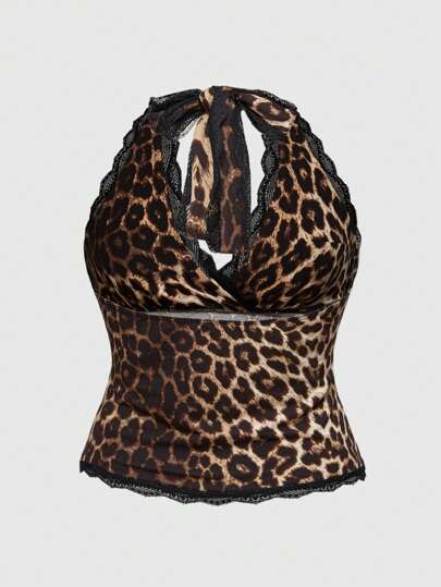 Grunge Punk Y2K Lace & Leopard Print Tie Neck Plus Size Blouse For Women