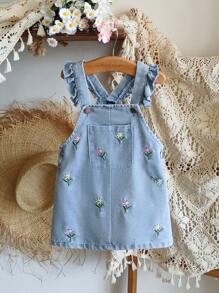 SHEIN Vintaside Kids 婴儿/女宝宝刺绣花卉牛仔连衣裙，背带裙，乡村度假风格，可爱时尚百搭，春夏 - 藍色 - 查看 4