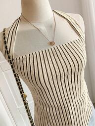 Cévolie Women's Summer Sleeveless Halterneck Striped Crop Top, Street Style