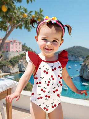 Adorable Mini Cherry Print "Cherry Girl" One-Piece Swimsuit For Baby Girls, Casual Slim Fit, Suitable For Summer, Vacations, Beach Weekends, Cute Summer Outfits, Summer Kid Items, Korean Style, Beach Mode On