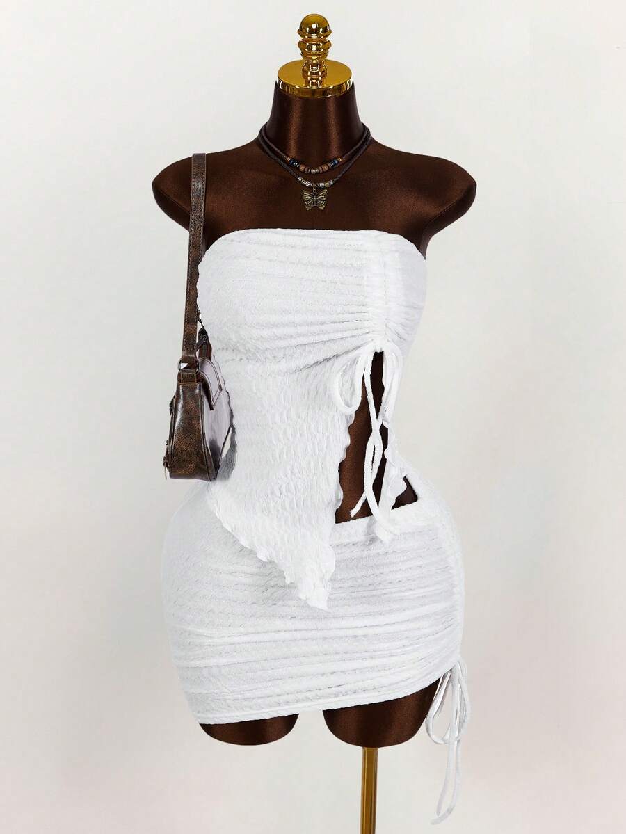 Amplova Drawstring Front Tube Top & Bodycon Skirt Two Pieces - White - View 1