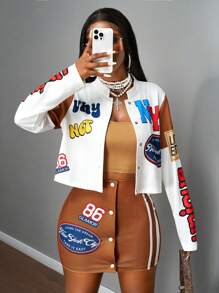 Slaydiva 3pcs/Set Motorcycle Style Print Jacket, Cami Top And Mini Skirt Outfit, Autumn/Winter,With Letter Graphic Print - Multicolor - View 6