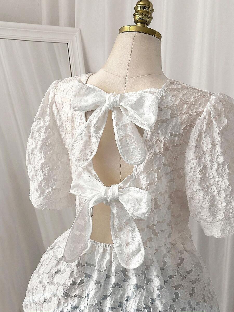 SHEIN Clasi 大码优雅蝴蝶结短袖衬衫 - 白色 - 查看 1