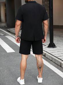 Calvornis Conjunto casual de talla grande para hombre, con camisa de manga corta y pantalón corto de jacquard - Negro - Ver 4