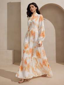 Graceveil Vestido midi de manga larga con cuello alto, cinturón y estampado digital para mujer