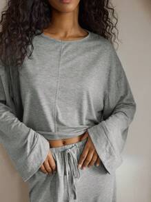 Ocili Conjunto de 2 piezas de mujer de bambú casual con cuello redondo, manga larga, top y pantalones para estar en casa y descansar. Cómodo y suave, ideal para vacaciones de verano. Detalles elegantes y acogedores, ropa de otoño e invierno.