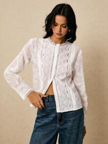 Poéselle 女式衬衫 刺绣衬衫 长袖 全白衬衫 复古波西米亚风 纽扣门襟 白色女式纯色蕾丝拼布前扣优雅长袖衬衫 秋季女装 秋季 秋冬 女装 冬季 返校 乡村音乐会 外出上衣 婚礼宾客 女装 休闲可爱 西部风 女装 办公室 女装 工作 外出 - 白色 - 查看 7