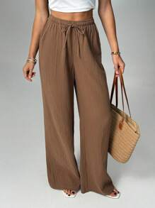 SHEIN Tall Pantalones casuales con cordón de unicolor para mujer - Marrón - Ver 4
