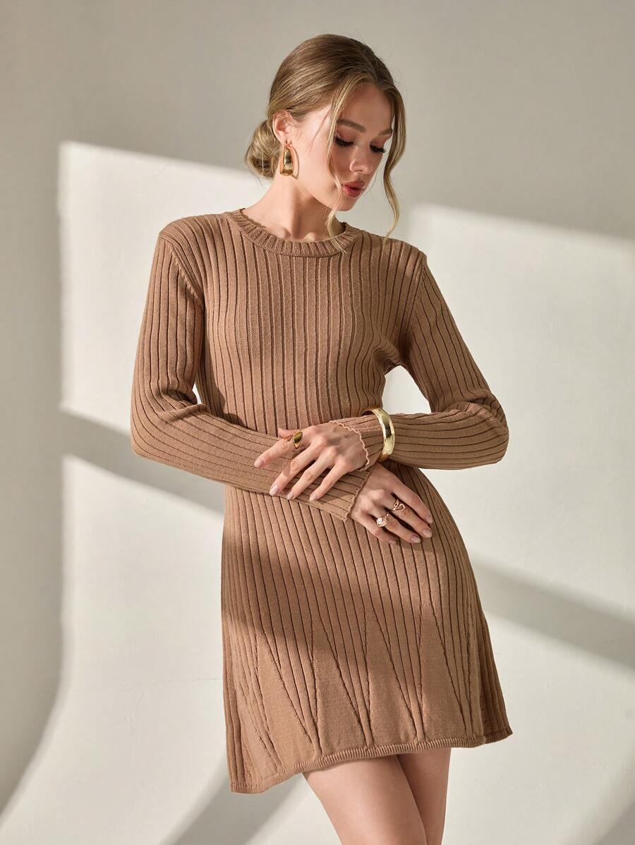 CLARA VERO WOMEN Basic Ribbed Sweater Dress - Soft Camel,Petite - Chocolate Brown - View 1