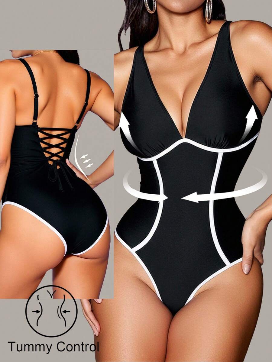 SHEIN Swim 女式收腹露背吊带连体泳衣，带抽绳，黑白条纹，优雅休闲，适合春夏季度假、海滩、派对 - 黑與白 - 查看 1