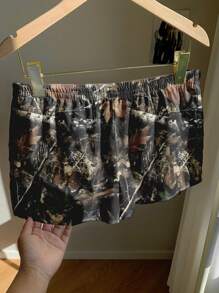 SHEIN EZwear 女式低腰休闲复古树叶印花图案修身短裤，右侧单口袋，适合夏季海滩度假，20% 棉 - 白色 - 查看 4