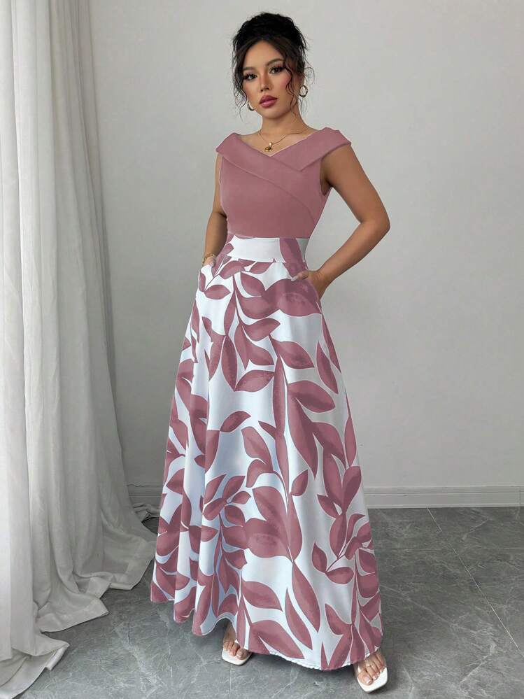 Elenzga Vestido casual/de resort para mujer con estampado de patchwork azul, cuello en V y cintura entallada - Rosa vieja - Ver 6