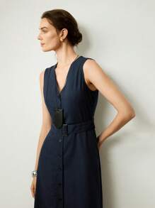 Uhlyne Uhlyne Rochie lungă din in, elegantă, fără mâneci, pentru femei (cu curea) - Albastru marin - Vizualizare 4