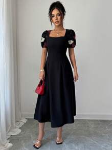 Elenzga V-Neck Puff Sleeve Embroidered Cinched Waist Pleated Women Dress - Black - View 5