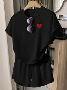 INAWLY Set de 3 camisetas casuales para mujer con mangas raglán y bordado de corazón, de corte holgado - Multicolor - Ver 3