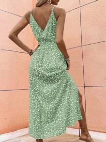SHEIN LUNE 休闲碎花印花高开衩吊带长裙女装 - 綠色 - 查看 2