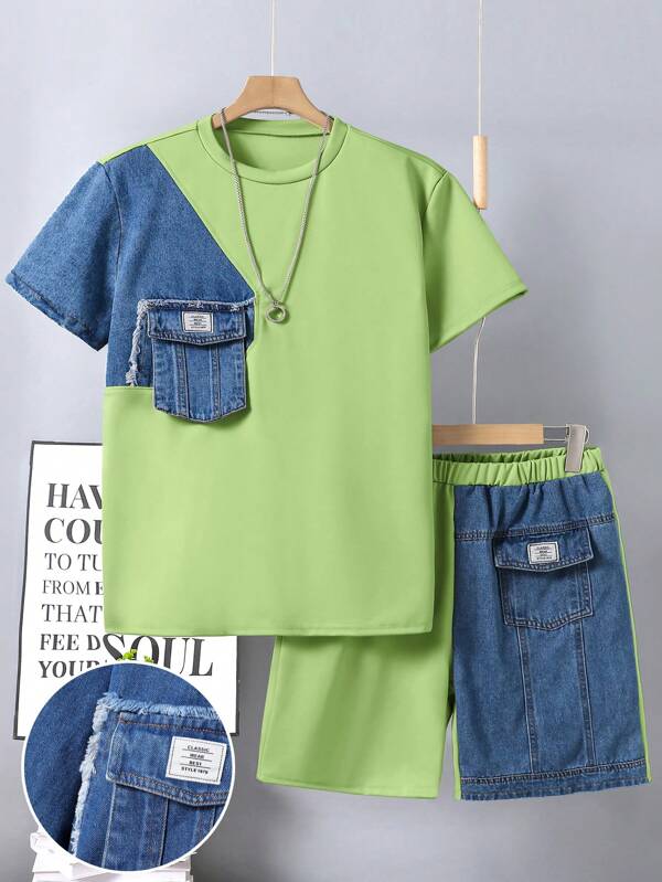SHEIN 2pcs/Set Teen Boy Casual Denim Patchwork Knit T-Shirt & Shorts, Fashion Street Style Denim Splice Outfit